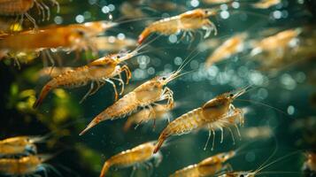 Clusters of shrimp move dynamically through clear water, revealing their translucent bodies and delicate features while light filters through from above. photo