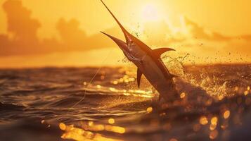 A swordfish breaks the surface of the water as the sun sets, creating a dazzling display of splashes and golden reflections. The vibrant colors enhance the beauty of this fishing scene. photo