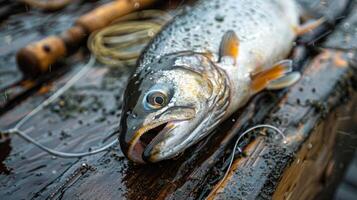 A freshly caught trout rests on a wet wooden surface surrounded by fishing gear, including a line and rod. Raindrops add to the tranquil atmosphere, enhancing nature's beauty. photo