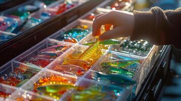 A person is carefully picking out vibrant fishing lures from a well organized display filled with various colors and types, while enjoying a bright day. photo