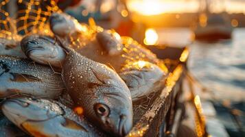 Fishermen unload a catch of vibrant fish from their nets as sunlight reflects on the water, creating a picturesque scene at the busy fishing port in the morning. photo