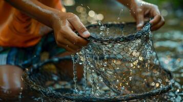 A child is focused on catching fish using a net in a river. Water splashes as the net emerges, surrounded by greenery and sunlight filtering through trees in the background. photo