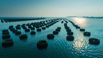 Floating baskets used for aquaculture are arranged in neat rows across calm waters as the sun sets in the background, with boats visible on the horizon. photo