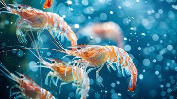 Several vibrant shrimp are swimming in a clear underwater setting filled with bubbles, showcasing intricate patterns and lively movement in their aquatic habitat. photo