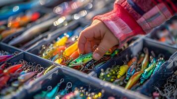 A young child reaches for a vibrant fishing lure among an assortment in a tackle box, filled with various colors and styles on a sunny day by the water. photo
