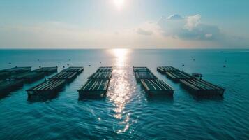Floating platforms rest quietly on the ocean surface as the sun rises, casting a golden glow over the water and creating a serene atmosphere for aquaculture. photo