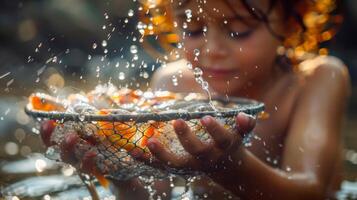 A child with a joyful expression gathers fish in a net while standing in a shallow stream. Water droplets sparkle around them in the sunlight, creating a lively atmosphere. photo