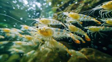 Colorful shrimp are swimming in a lively underwater ecosystem, demonstrating their unique movements and interactions against a backdrop of gentle bubbles and rocks. photo