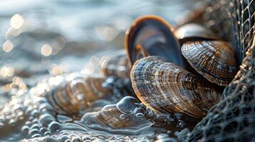 Colorful clams are clustered together in a fishing net, surrounded by clear water and gentle bubbles as sunlight filters through the water during low tide. photo