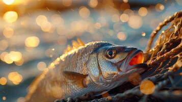 A fisherman displays a freshly caught fish on the beach, its scales glistening in the warm sunset light while the waves gently lap at the shore. photo