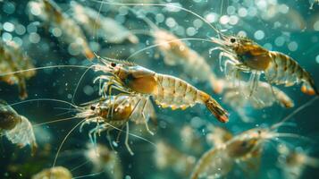 Shrimp are seen swimming gracefully in clear water, with sunlight filtering through, creating a peaceful aquatic atmosphere filled with bubbles. photo