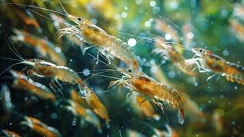 Small shrimp are seen actively swimming in clear waters, surrounded by bubbles and aquatic vegetation, capturing a lively moment in their natural habitat during daylight hours. photo