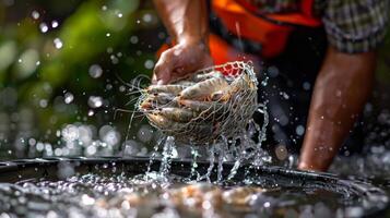 A fisherman skillfully pulls a net filled with live shrimp from a large water tank, surrounded by rich foliage and bright sunlight, showcasing the activity of aquaculture. photo