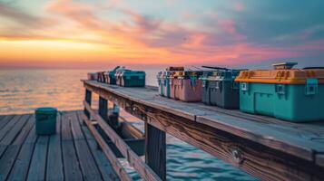Colorful tackle boxes are neatly arranged on a wooden dock as the sun sets over the calm lake, casting vibrant hues across the sky and water, creating a serene atmosphere for fishing enthusiasts. photo