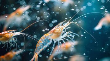 Colorful shrimp are lively as they swim through clear water, surrounded by bubbles and enhanced by sunlight filtering through the surface, creating an enchanting underwater view. photo