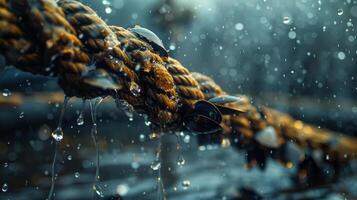 Water droplets gather on a rough rope adorned with small mollusks, reflecting the early morning light in a peaceful maritime environment during rainfall. photo