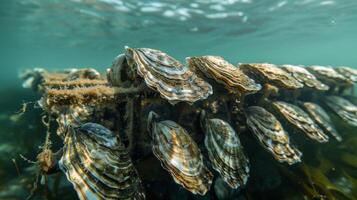 Oysters are clustered together on a submerged frame in clear coastal waters, showcasing their natural habitat and growth patterns in a serene environment. photo
