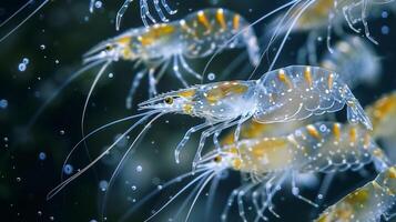 Multiple shrimp are seen moving fluidly through the water, their translucent bodies and vibrant patterns shimmering under the sunlight, creating a lively aquatic environment. photo