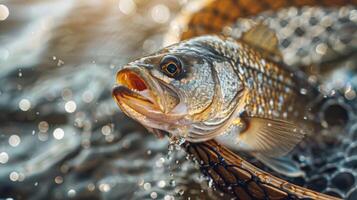 A freshwater fish is being gently removed from a net on a bright day. The water sparkles around the fish as it is caught, showcasing its scales and fins. photo
