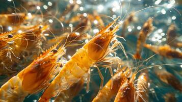 Colorful shrimp gather in clear water illuminated by sunlight, showcasing their unique features as they swim in a lively underwater environment. photo
