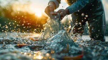 Fisherman skillfully pulls in a net filled with fish as the sun sets behind him, creating a beautiful tableau of splashing water and warm light reflecting on the river. photo