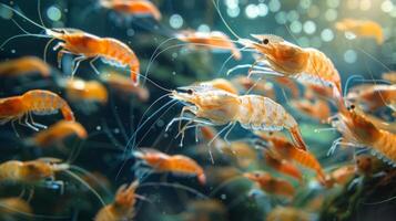 A lively group of shrimps move dynamically amongst the water, creating a captivating display as the sunlight reflects beautifully on their bodies, enhancing the underwater view. photo