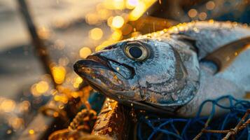 A large, glistening fish lies on a net after being caught, with water droplets sparkling in the sunlight. The tranquil sea and soft bokeh create a serene atmosphere. photo