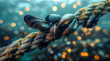 Colorful mussels cling to a wet rope underwater, surrounded by rays of light filtering through the water and creating a shimmering effect in a coastal setting. photo