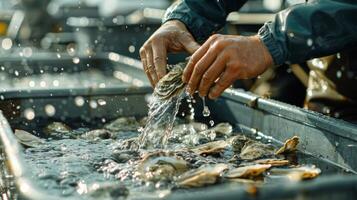 Water splashes as hands rinse recently gathered oysters in a large container. Workers prepare shellfish for sale at a seafood processing facility. The atmosphere is lively and industrious. photo