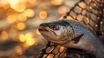 A beautiful brown trout rests in a net, with warm golden sunlight shimmering off the water in the background, creating a peaceful atmosphere at dusk. photo