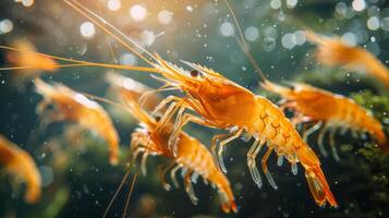 Several bright orange shrimp are swimming through a clear aquarium, creating an enchanting underwater scene illuminated by soft light and bubbles, showcasing their lively movement. photo