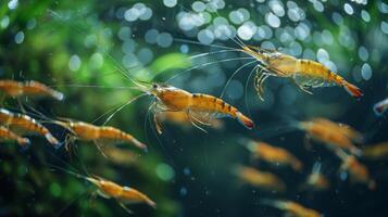 Brightly colored shrimp navigate the clear waters of a freshwater tank, surrounded by green aquatic plants, showcasing their natural behavior and vibrant hues. photo