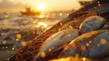Caught fish lie on a weathered surface, glimmering as droplets catch the morning light. A fishing boat heads towards the shore in the backdrop of a serene sunrise. photo