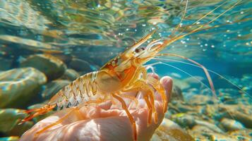 Vibrant orange shrimp is seen swimming in clear water, being carefully held in an open hand as sunlight filters through the surface, revealing a serene underwater environment. photo