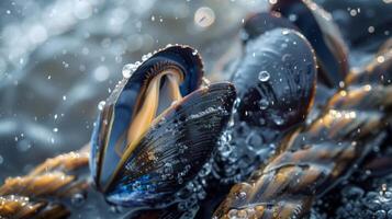 Vibrant mussels reveal colorful interiors while resting on a wet rope in shallow water, illuminated by bright sunlight with droplets creating a lively atmosphere. photo