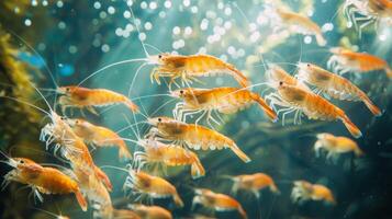 In a lively underwater environment, numerous orange shrimp gracefully swim among shimmering water and aquatic plants, showcasing their vibrant colors and movements. photo