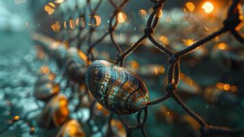 Early morning light illuminates shells glistening on a fishermans net, creating a serene atmosphere along the coast. The droplets add a magical touch to the scene. photo