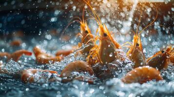 Prawns leap from the water in a fishing pond during sunset, highlighting the thrill of seafood harvesting while droplets glisten in the golden light. photo