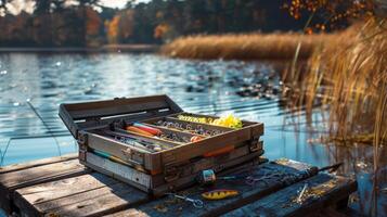 A fishing tackle box sits open on a wooden pier, showcasing colorful lures and tools, surrounded by tranquil water and vibrant autumn foliage in the late afternoon. photo
