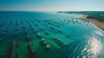 Numerous fishing platforms are scattered across the calm sea, reflecting the sunlight while waves gently lap against the sandy shoreline in the background during midday. photo
