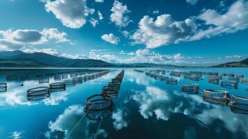 Cages are set in calm waters reflecting a vibrant blue sky filled with white fluffy clouds, surrounded by distant mountains creating a peaceful atmosphere. photo