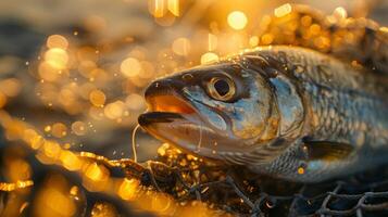 A fish rests within a fishing net as sunlight sparkles on its scales, reflecting various hues amidst a soft, blurry background of natural elements during the evening. photo