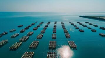 Numerous aquaculture structures are spread across calm waters, creating a unique pattern against the backdrop of a clear blue sky during a sunny afternoon. photo