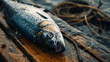 A fish lays on a weathered wooden plank, revealing its striking scales and open mouth. The background features fishing gear, hinting at the harvest of the day. photo