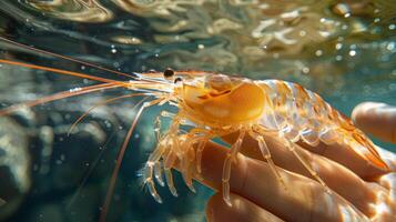 A vibrant shrimp is held gently in a human hand submerged in clear water, showcasing its striking colors and intricate textures while sunlight filters through the surface. photo