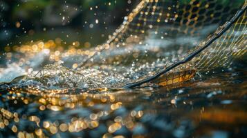 Morning sunlight glistens on water as a net plunges into the lake, creating dynamic splashes while capturing fish. The peaceful ambiance reflects the joy of fishing. photo