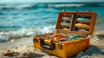 A vibrant tackle box lies open on the sand, revealing a variety of colorful lures. Gentle ocean waves lap nearby, creating a serene scene on a sunny day. photo