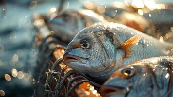 A collection of freshly caught fish with shimmering scales rests on the side of a fishing boat. Sunlight reflects off the water, creating a vibrant atmosphere during early morning. photo