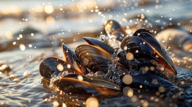 Waves gently roll over a cluster of open shells at the beach, creating sparkling droplets that catch the warm light of sunset, enhancing the natural beauty of the seaside. photo