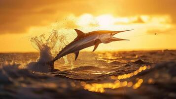 A swordfish leaps out of the water during sunset, creating a vibrant splash as the golden light reflects off the ocean waves, highlighting its sleek form against the colorful sky. photo